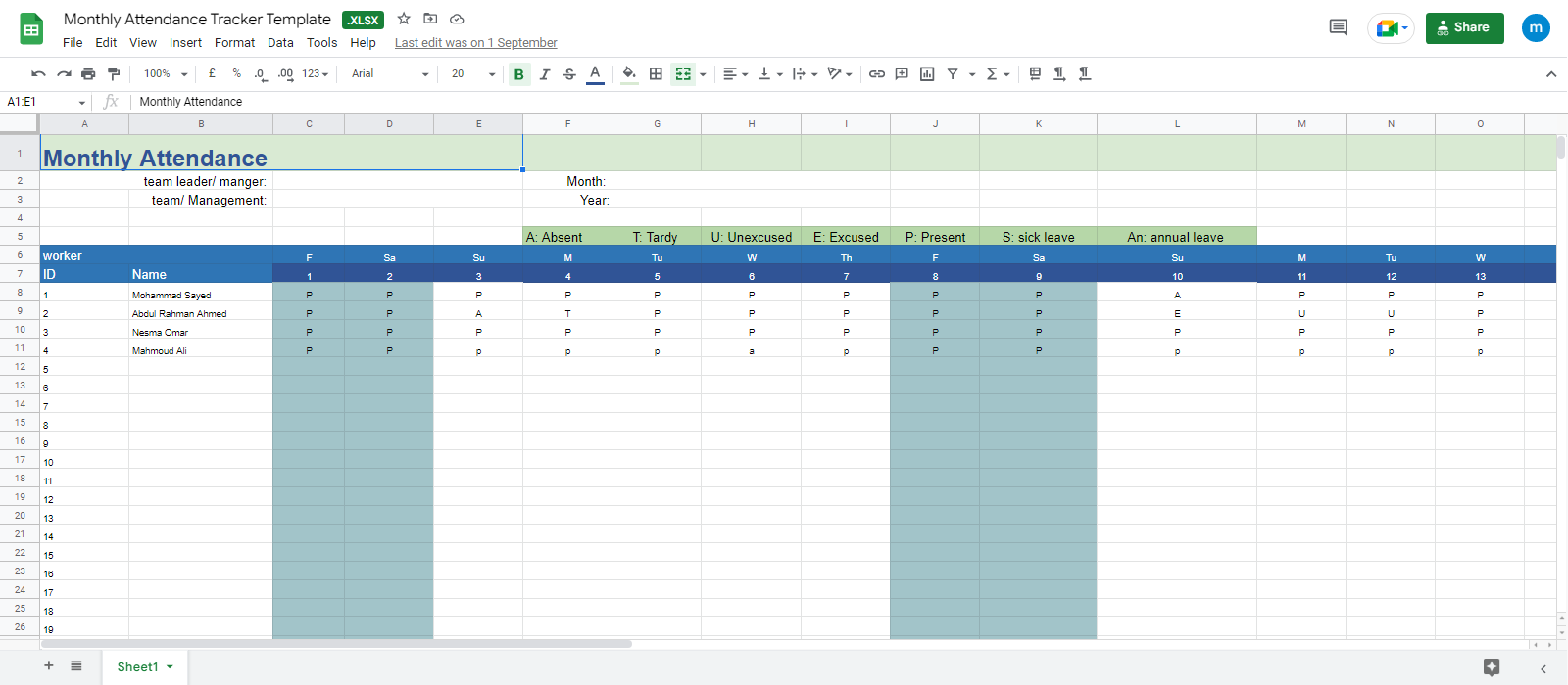 Monthly Attendance Tracker Template